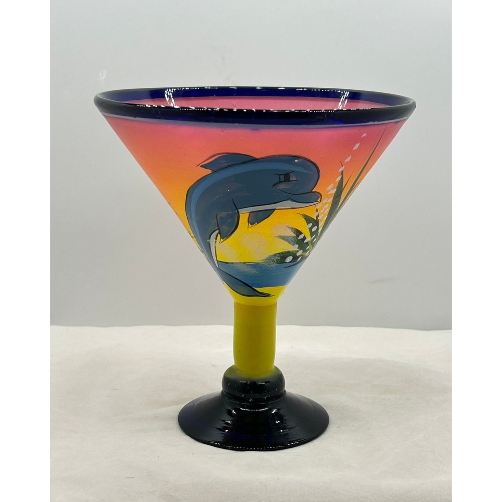 Hand Painted Dolphin Sunset Margarita Glass Cobalt Blue Rim Tropical Barware‎ - Picture 2 of 4